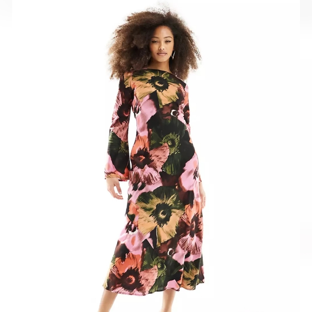 Asos Design viscose slash neck midi dress  with v-back detail
